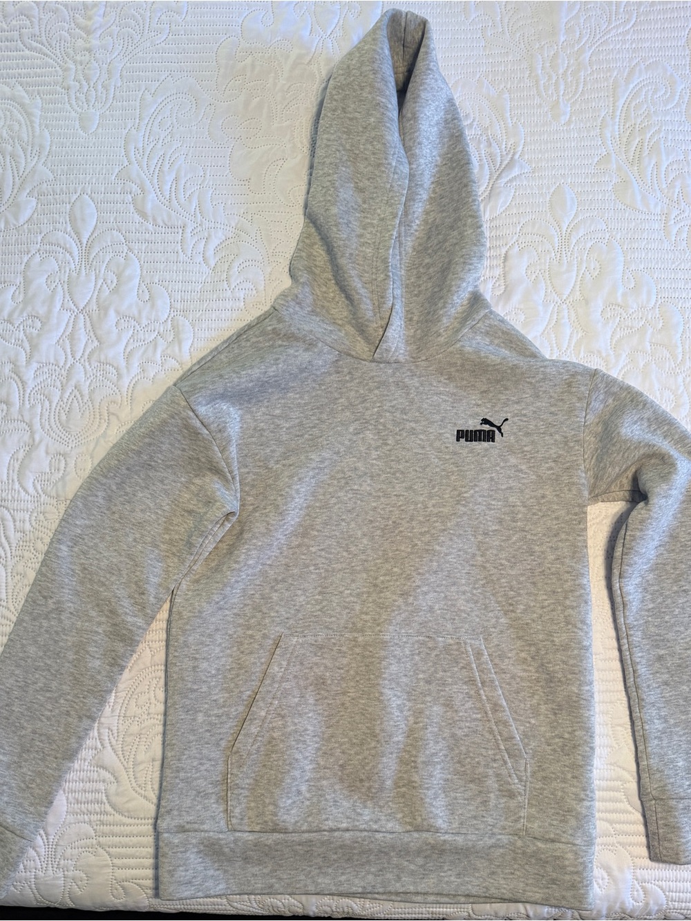 Puma Youth Large (14–16) Gray Fleece Pullover Hoodie, Embroidered Logo